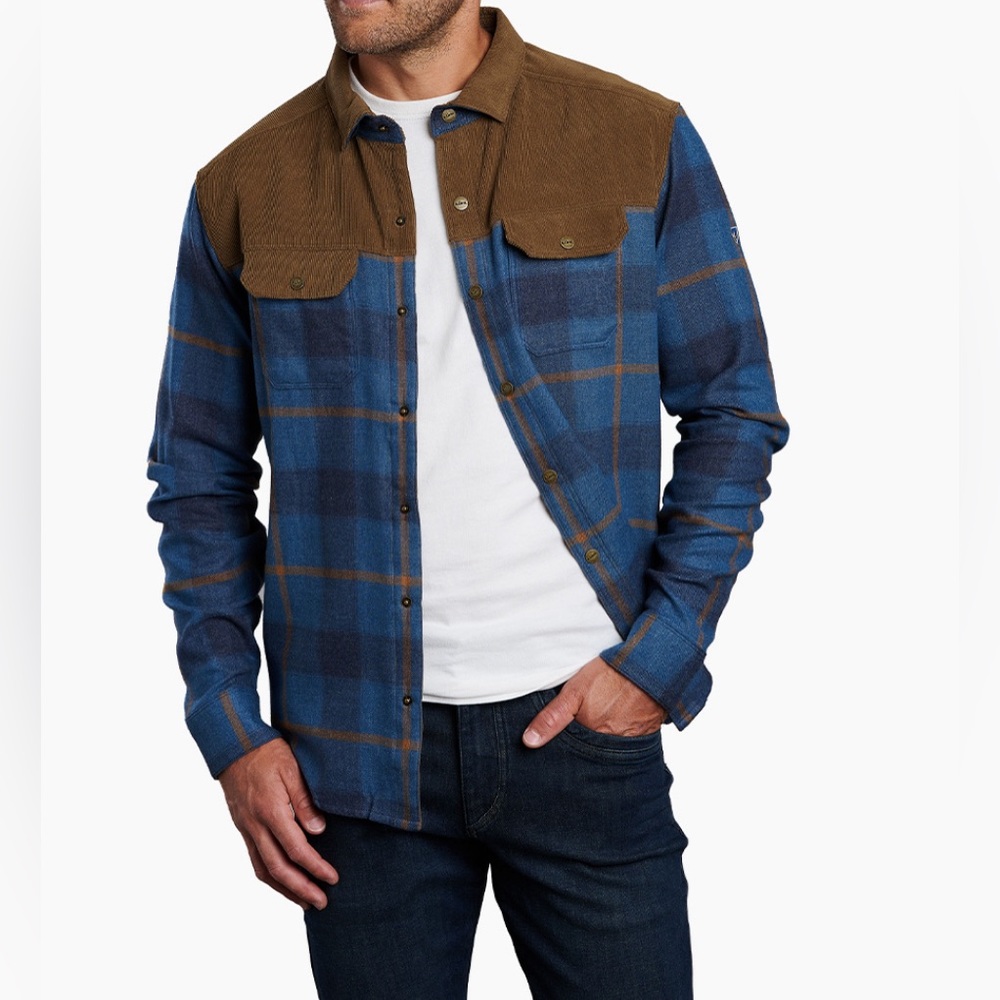 Kuhl Men’s Inquisitr Blue/Tan Corduroy Plaid Long Sleeve Button Down Shirt Lrg